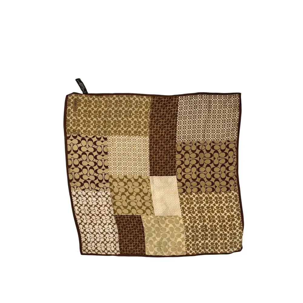 Coach Silk Scarf Signature C Brown Tan Patchwork Square 20x20